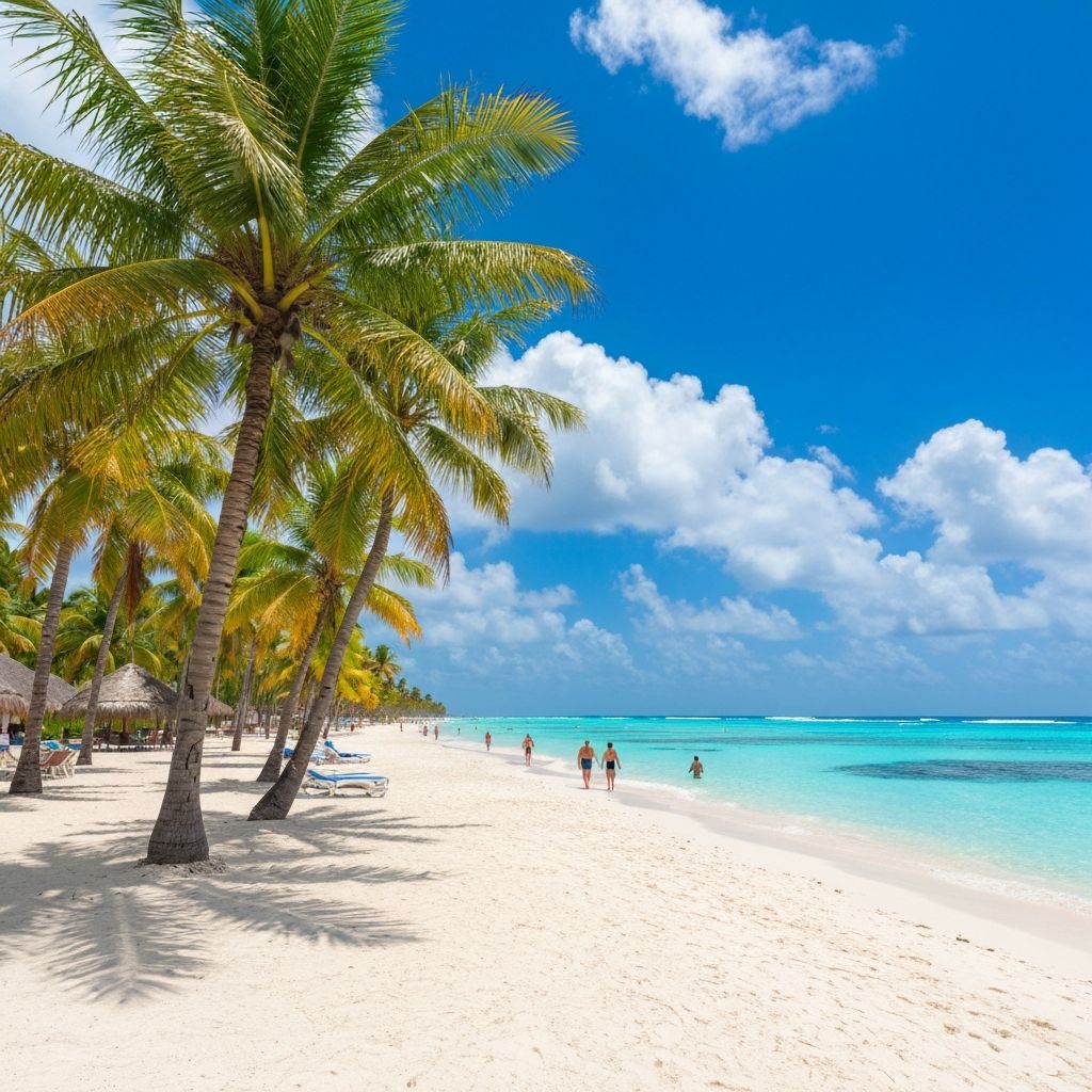 Playa tropical paradisíaca con palmeras y arena blanca en el Caribe